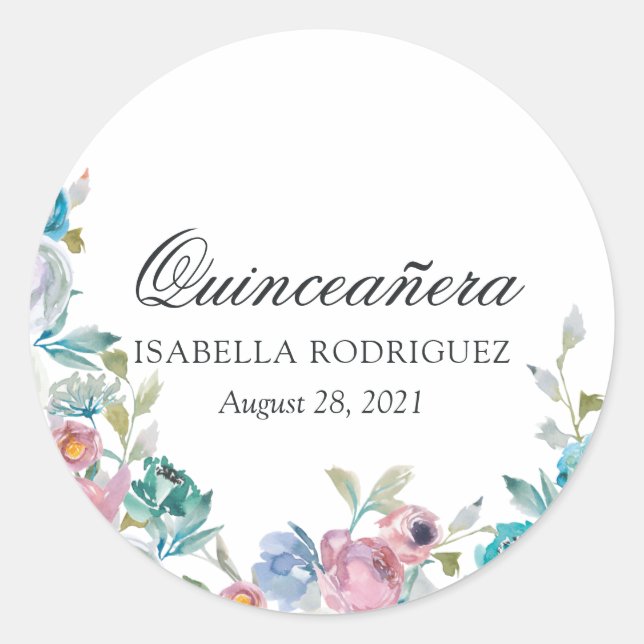 Dusty Blue und Türkis Floral Quinceñera Runder Aufkleber (Vorderseite)
