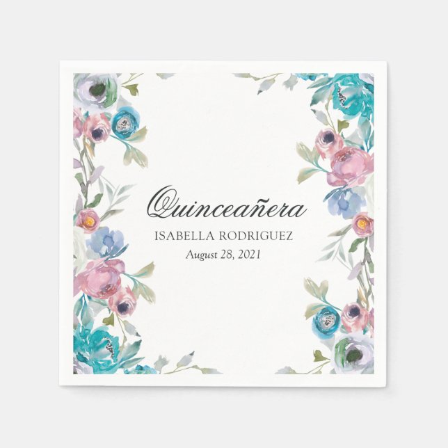 Dusty Blue und Türkis Floral Quinceñera Serviette (Vorderseite)