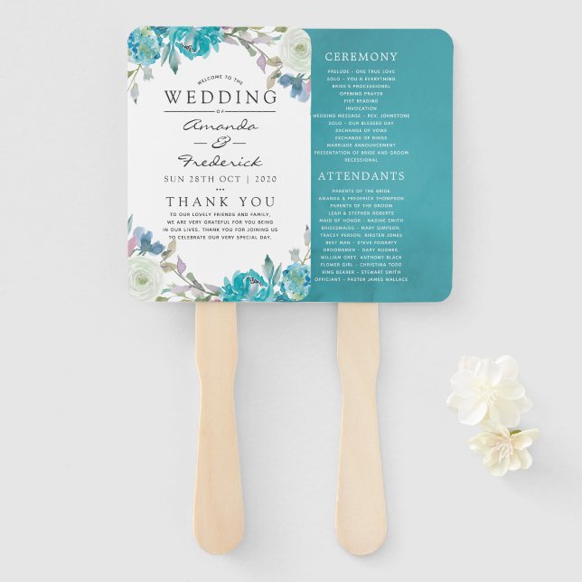 Dusty Blue und Türkise Floral Wedding Programm Fächer (Vorne und Hinten)