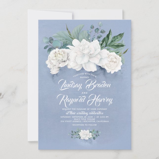 Dusty Blue und White Blume Elegante Peony Wedding Einladung (Vorderseite)