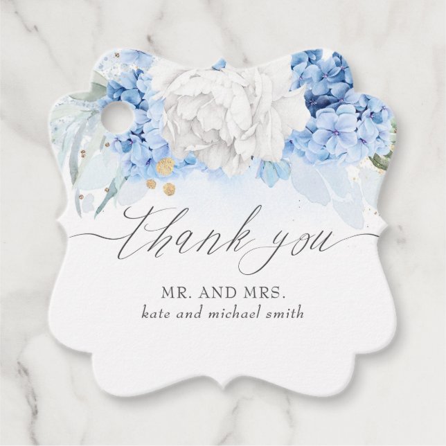Dusty Blue und White Blume Hochzeit Vielen Dank Geschenkanhänger (Vorderseite)