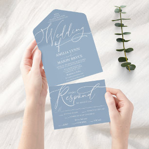 Dusty Blue und White Calligraphy Script Wedding All In One Einladung