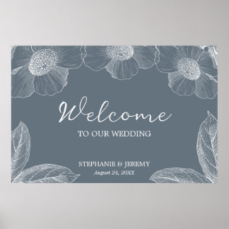 Dusty Blue und White Floral Line Art Poster