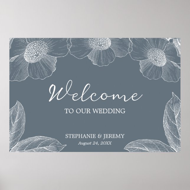Dusty Blue und White Floral Line Art Poster (Vorne)