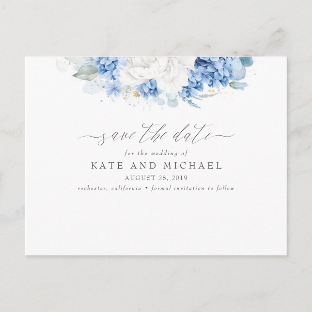 Dusty Blue und White Floral Save the Date Postkarte (Vorderseite)