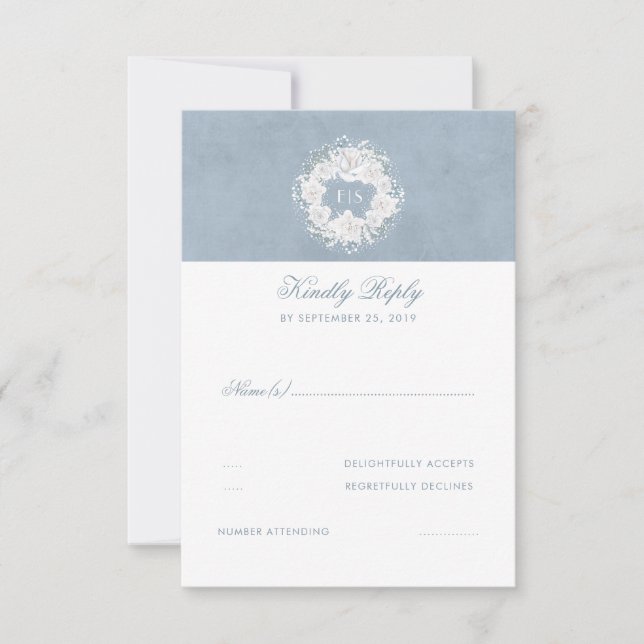 Dusty Blue und White Floral Wedding RSVP Karte (Vorderseite)