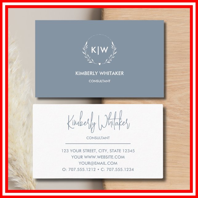 Dusty Blue und White | Monogram für moderne Initia Visitenkarte (Dusty Blue and White | Modern Initials Monogram Business Card)