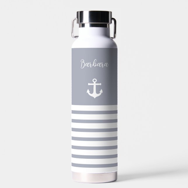 Dusty Blue und White Stripes Nautic Personalisiert Trinkflasche (Vorne)
