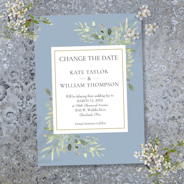 Dusty Blue verändert das Datum Wasserfarbengrün Save The Date (Dusty Blue Change the Date Watercolor Greenery Save The Date)