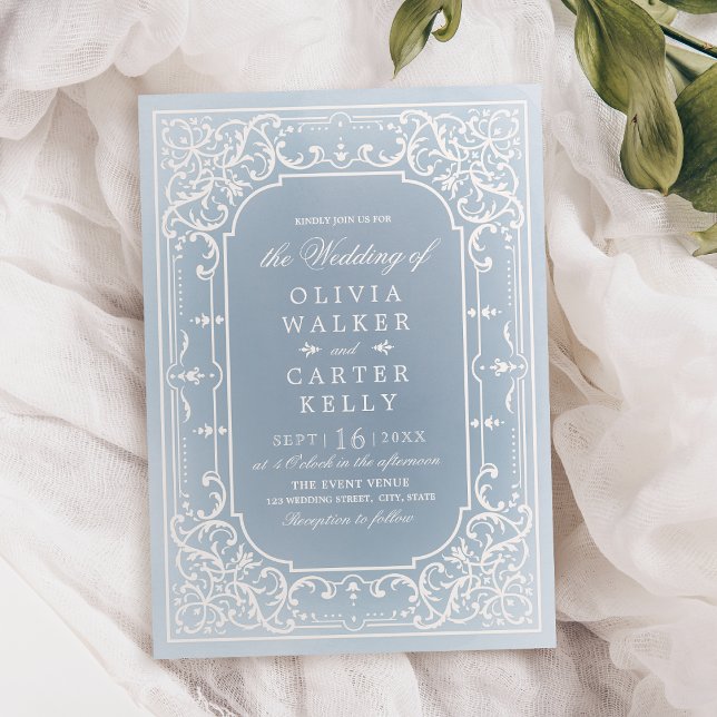 Dusty blue verziert romantische Vintage Hochzeit Einladung (Dusty blue elegant ornate romantic vintage wedding invitation)
