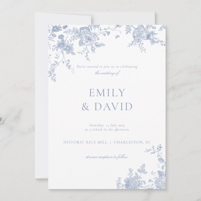 Dusty Blue Viktorianisch Floral Wedding Einladung (Vorderseite)