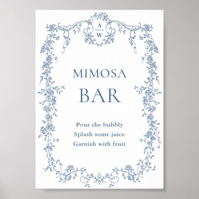Dusty Blue Viktorianisch Mimosa Bar Wedding Sign Poster (Vorne)