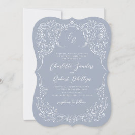 Dusty Blue Vintag Blüh Monogram Wedding Einladung