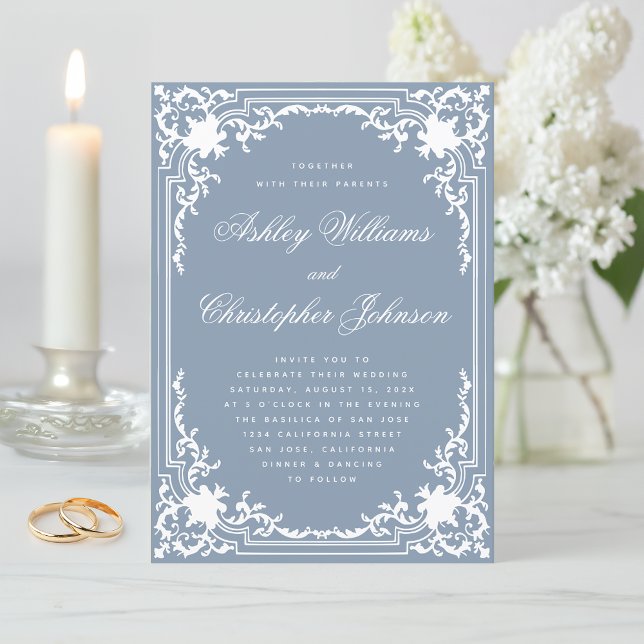 Dusty Blue Vintag Elegant White Script Wedding Einladung (Von Creator hochgeladen)