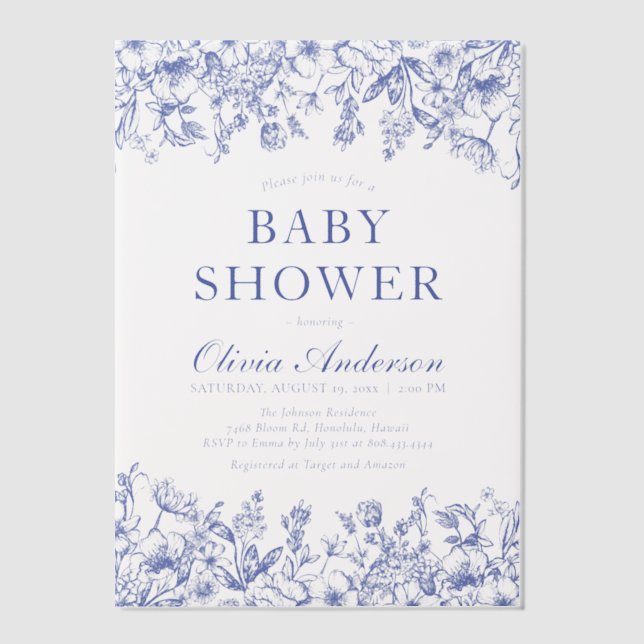 Dusty Blue Vintag Floral Chinoiserie Babydusche (Vorderseite)