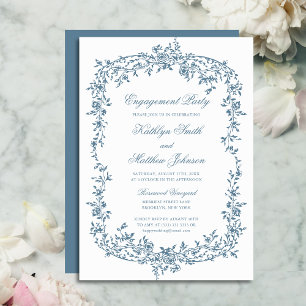 Dusty Blue Vintag Floral Script Engagement Party Einladung