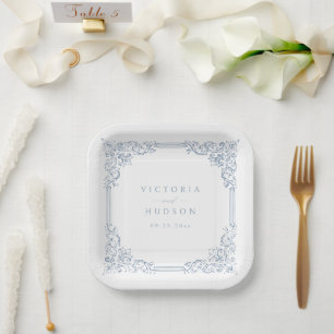Dusty Blue Vintag Frame Elegante Namen Wedding Pappteller