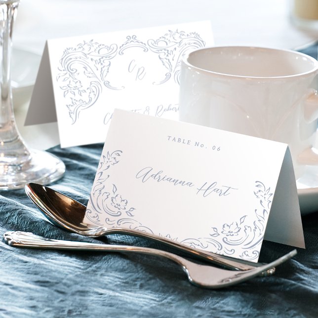 Dusty Blue Vintag Geblüht Foldable Platzkarte Tischnummer (Dusty Blue Vintage Flourish Foldable Place Card)