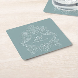 Dusty Blue Vintag Monogram Wappen Wedding Logo Rechteckiger Pappuntersetzer