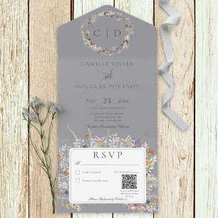 Dusty Blue Vintag Romantic Wildblume QR Code All In One Einladung