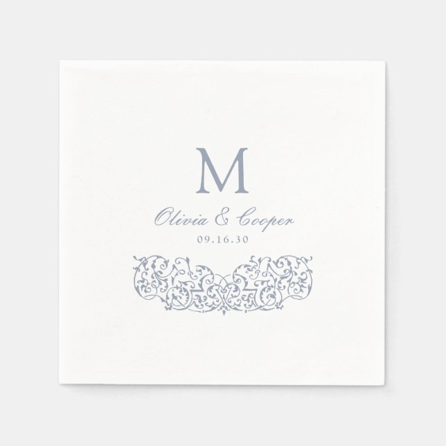 Dusty Blue Vintag Verziert Classic Monogram Weddin Serviette (Vorderseite)