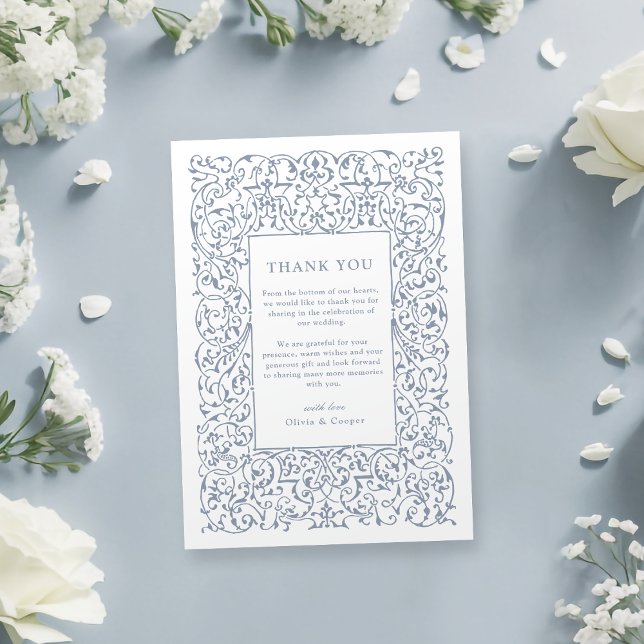 Dusty Blue Vintag Verziert Frame Classic Wedding Dankeskarte (Dusty Blue Vintage Ornate Frame Classic Wedding Thank You Card)