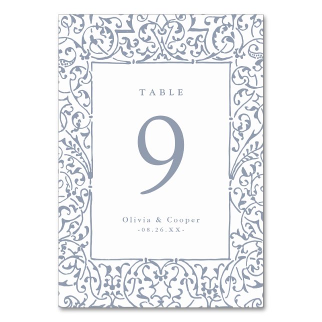 Dusty Blue Vintag Verziert Frame Classic Wedding Tischnummer (Vorderseite)