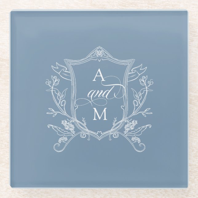 Dusty Blue Vintag Wappen Wedding Glasuntersetzer (Vorderseite)