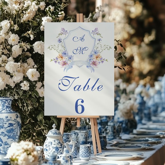 Dusty Blue Wappen Floral Wedding Tischnummer (Von Creator hochgeladen)