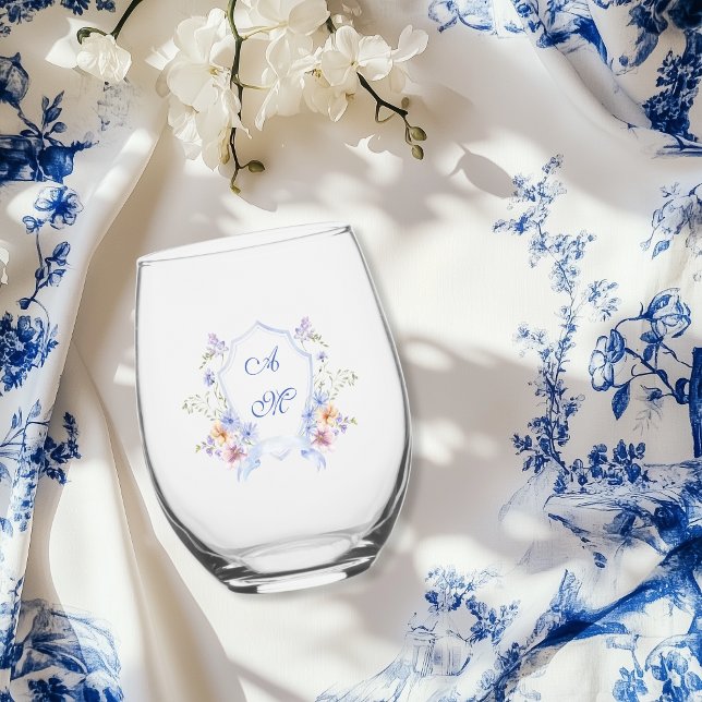 Dusty Blue Wappen Floral Wedding Weinglas Ohne Stiel (Von Creator hochgeladen)
