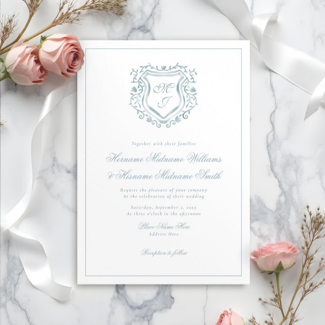 Dusty Blue Wappen Monogram Elegant Classy Wedding Einladung (Von Creator hochgeladen)