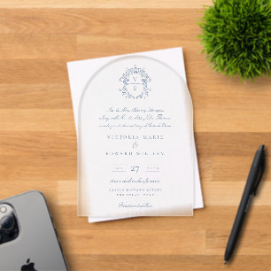 Dusty Blue Wappen Monogram Wedding Acryleinladungen