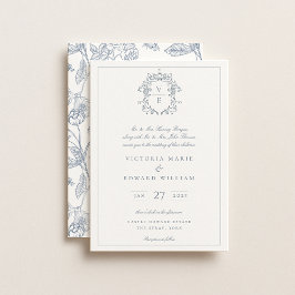 Dusty Blue Wappen Monogram Wedding Einladung