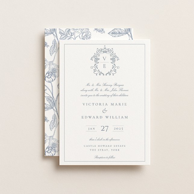 Dusty Blue Wappen Monogram Wedding Einladung (Von Creator hochgeladen)
