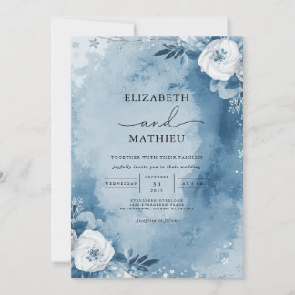 Dusty Blue Wash Blumenrahmen Wedding Einladung