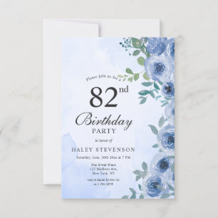 Dusty Blue Wasserfarben Blumen Chic 82. Geburtstag Einladung