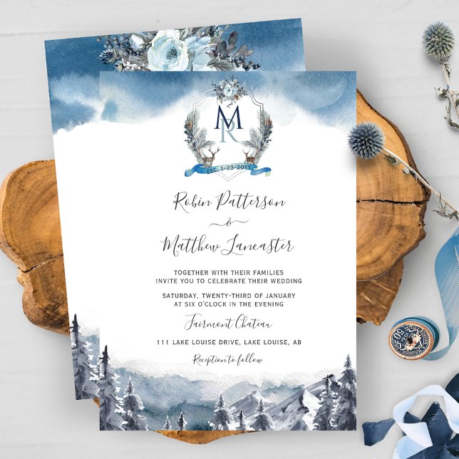 Dusty Blue Watercolor Berge und Wappen, Hochzeit Einladung (Von Creator hochgeladen)