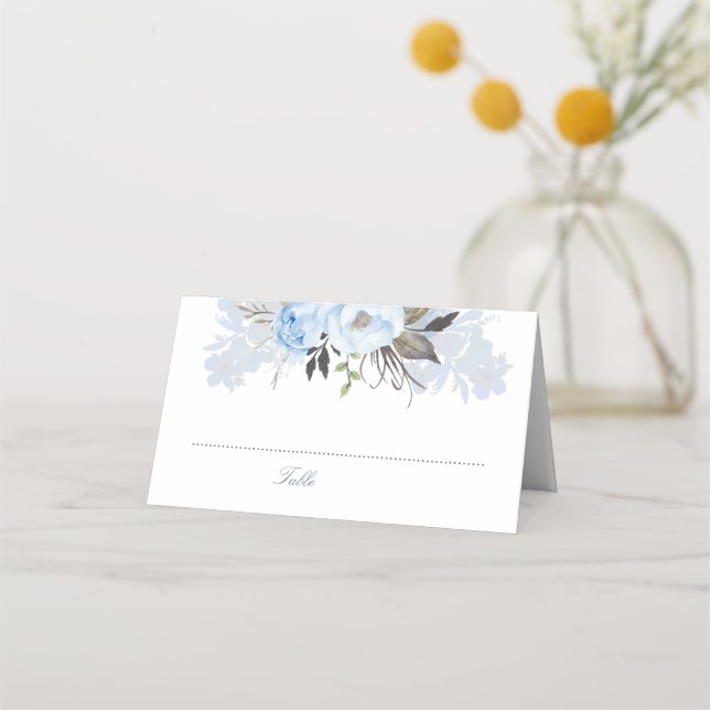 Dusty Blue Watercolor Blume Elegant Romantisch Platzkarte (Vorderseite)