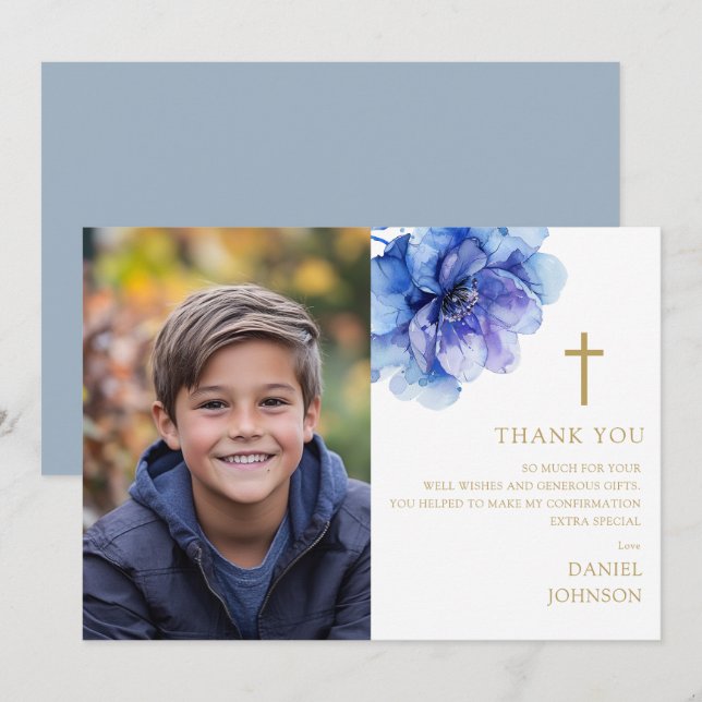 Dusty Blue Watercolor Blume Foto Confirmation Dankeskarte (Vorne/Hinten)