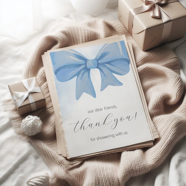 Dusty Blue Watercolor Bow Baby Dusche Dankeskarte (Dusty Blue Watercolor Bow Baby Shower Thank You Card)