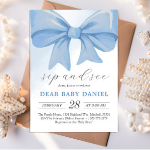 Dusty Blue Watercolor Bow Baby Shower Side und seh Einladung