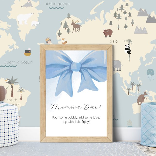 Dusty Blue Watercolor Bow Babydusche Mimosa Bar Sockelschild (Dusty Blue Watercolor Bow Baby Shower Mimosa Bar Pedestal Sign)