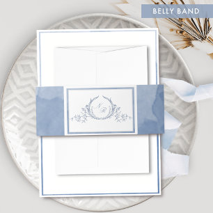 Dusty Blue Watercolor Calligraphy Monogram Wedding Einladungsbanderole