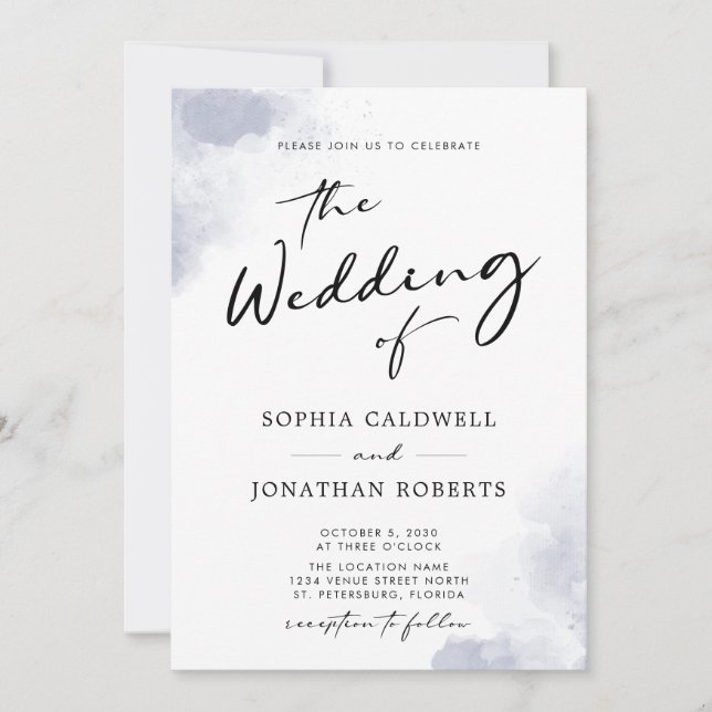 Dusty Blue Watercolor Calligraphy QR Code Wedding Einladung (Vorderseite)
