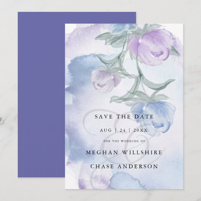 Dusty Blue Watercolor Country Floral Einladung (Vorne/Hinten)