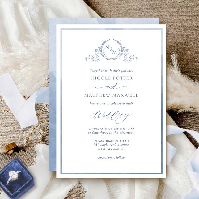 Dusty Blue, Watercolor Elegant Monogram Wedding Einladung (Von Creator hochgeladen)