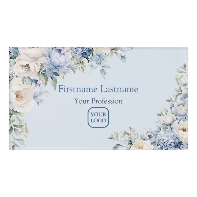 Dusty Blue Watercolor Elfenbeinfarben Blätter Rust Namenschild (Vorderseite)