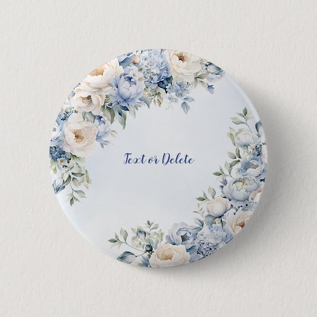 Dusty Blue Watercolor Elfenbeinfarbene Blume Blätt Button (Vorderseite)