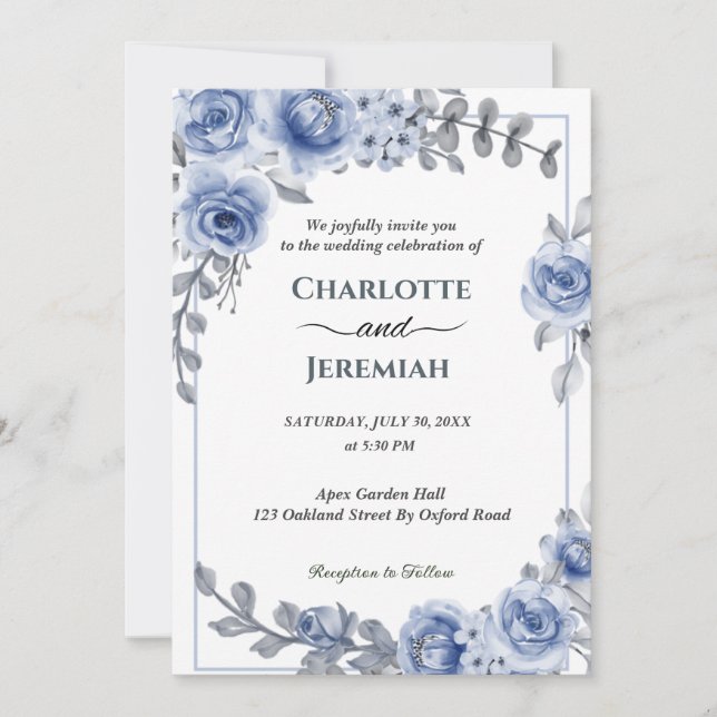 Dusty Blue Watercolor Eucalyptus Wreath Wedding Einladung (Vorderseite)