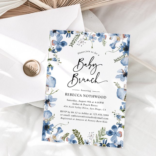 Dusty Blue Watercolor Floral Blue Baby Brunch Einladung (Von Creator hochgeladen)